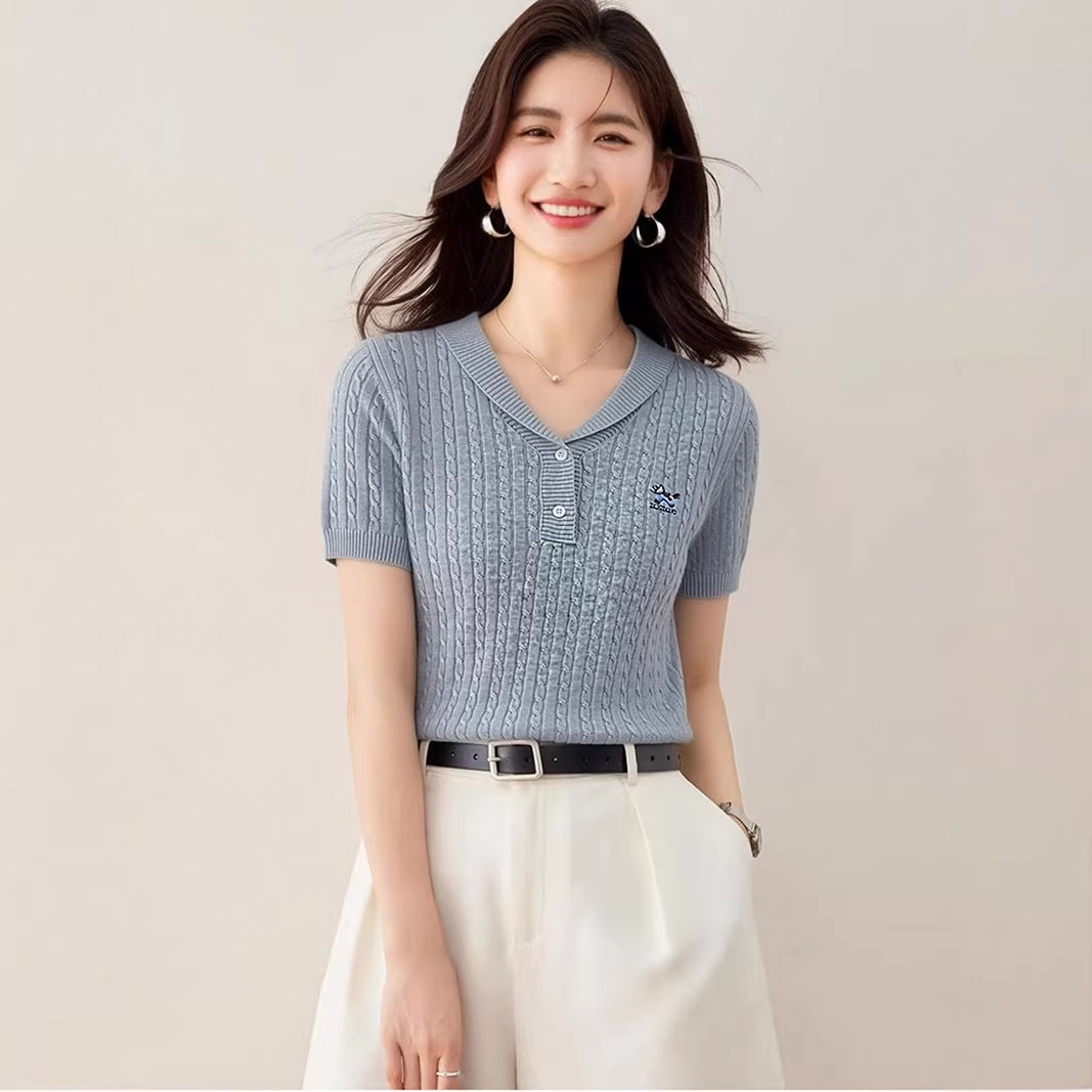 Elegant Flip Collar Cable Knit Blouse - Slim Fit Casual Top for Women