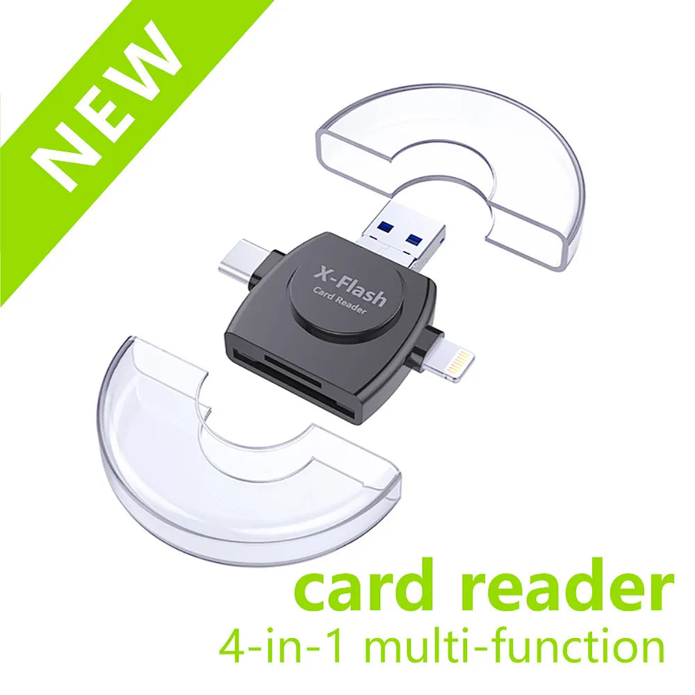 4-in-1 Universal OTG SD/TF Card Reader - USB, Type-C, Lightning & Micro USB Adapter for iPhone, Android & PC