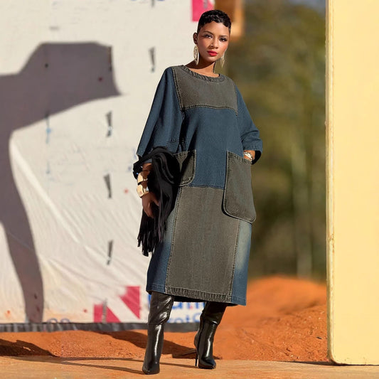 Women's Loose Denim Dress with Pockets and Asymmetrical Hem