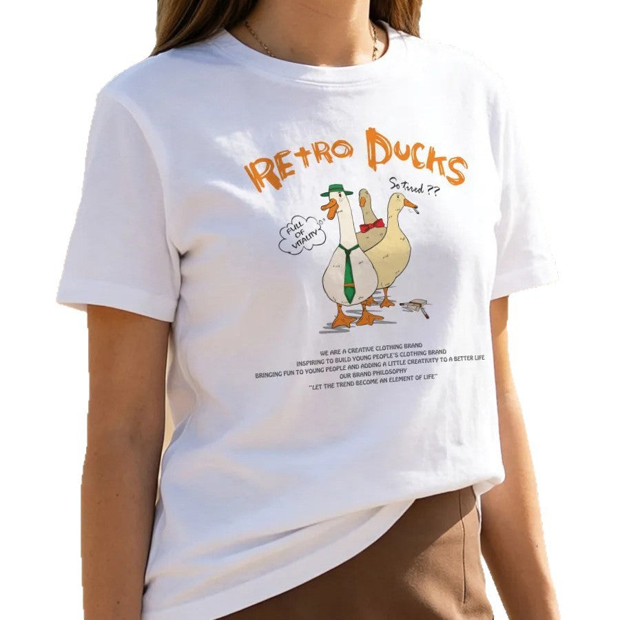 Women's Casual White Cute Duck Print Short Sleeved Tee