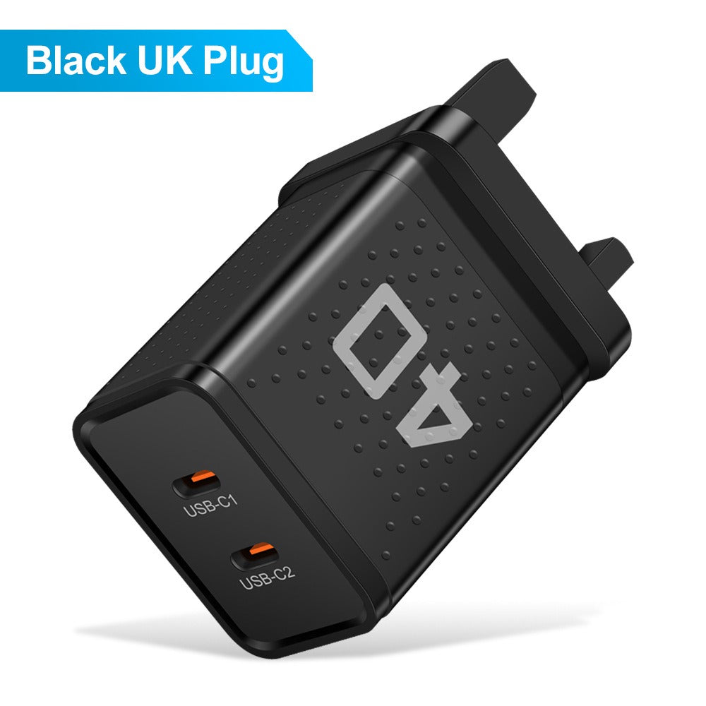Dual Port Type-C Fast Charging Adapter - 40W Portable Travel Wall Charger
