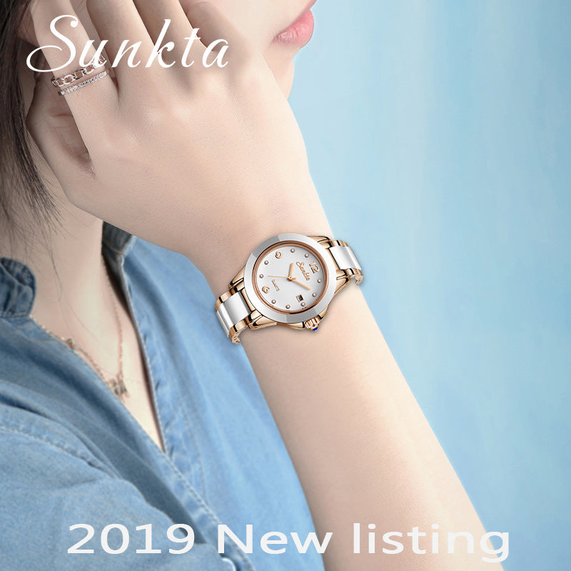 Sunkta Elegant Ladies Fashion Wristwatch with Ceramic Stainless Steel Band