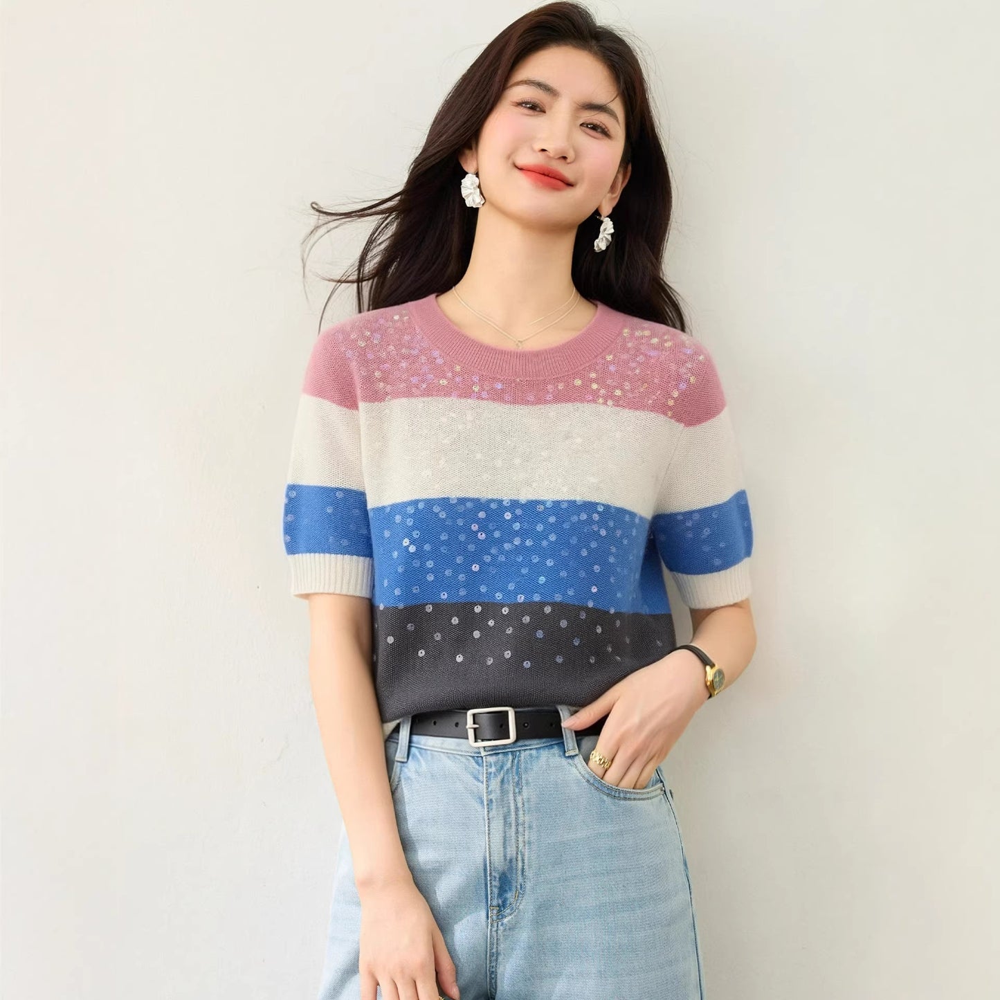 Women's Striped Sequin Short Sleeve T-Shirt - Crew Neck Slim Fit Knit Top