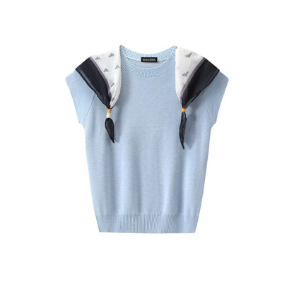 Women's Fashionable Scarf Detail Knit Top - Elegant Slim Fit Summer Tee