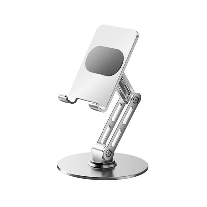 Executive Wooden Base Aluminum Phone Stand - 360 Rotating Foldable Desktop Holder for iPhone & Tablets