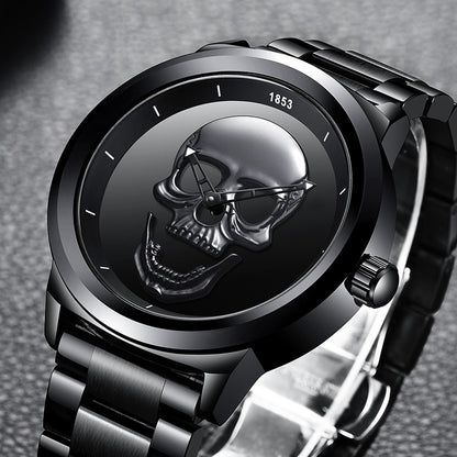 LIGE Men's Creative 3D Skull Watch - Punk Style Stainless Steel Quartz Wristwatch