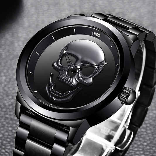 LIGE Men's Creative 3D Skull Watch - Punk Style Stainless Steel Quartz Wristwatch