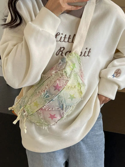 Bohemian Star Patchwork Tie-Dye Crossbody Bag with Raw Edges