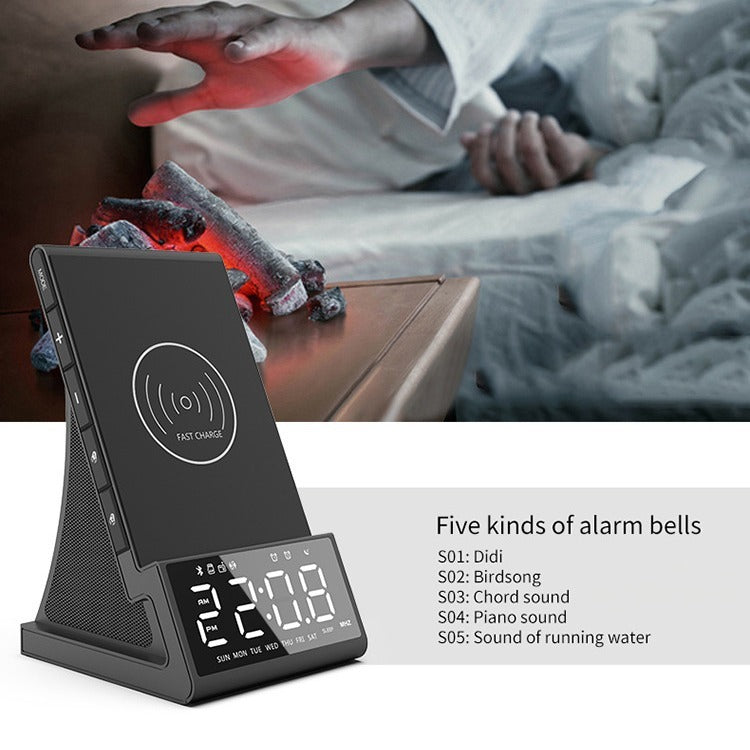 3-in-1 Wireless Charger & Bluetooth Speaker - Desktop Alarm Clock with Phone Holder Stand