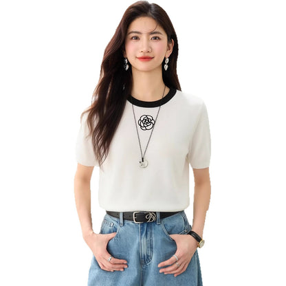 Women's Elegant Ice Silk Knit Top - Regular Shoulder Embroidered Camellia Tee