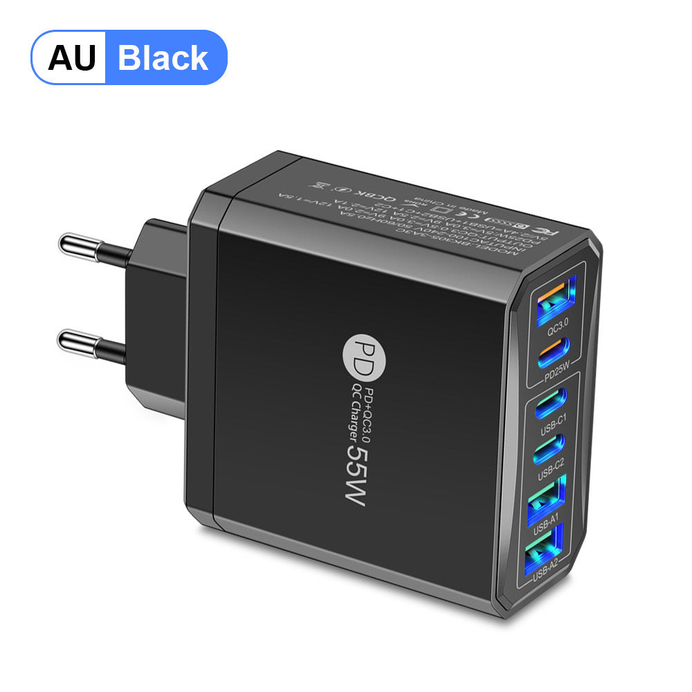 6-in-1 Fast Charging Head - 55W QC3.0 & PD Multi-Port Wall Charger Adapter