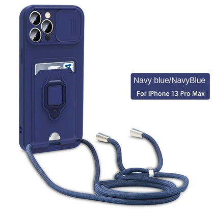 Crossbody Lanyard Phone Case with Card Holder & Ring Holder Kickstand for iPhone 15 14 13 12 11 Pro Max