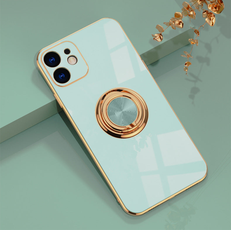 Luxury Plating Ring Holder Case for iPhone 14 13 12 - Magnetic Car Mount Kickstand Soft Silicone Cover