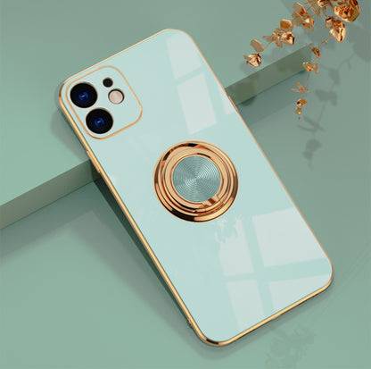 Luxury Plating Ring Holder Case for iPhone 14 13 12 - Magnetic Car Mount Kickstand Soft Silicone Cover