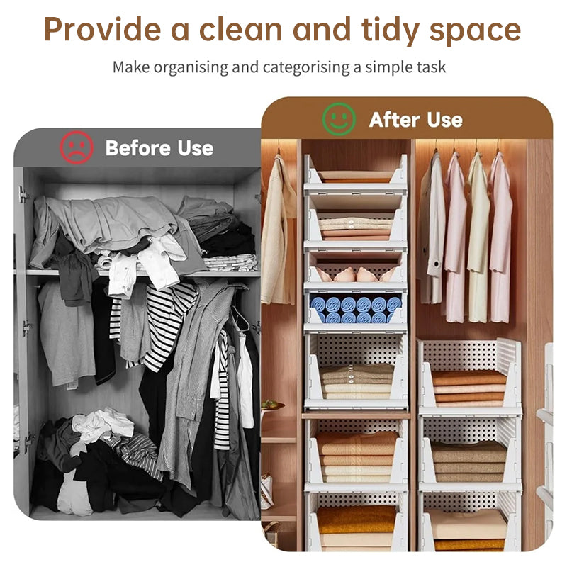 4 Pack Stackable & Foldable Closet Storage Bins - Plastic Drawer Organizers with Sliding Rails