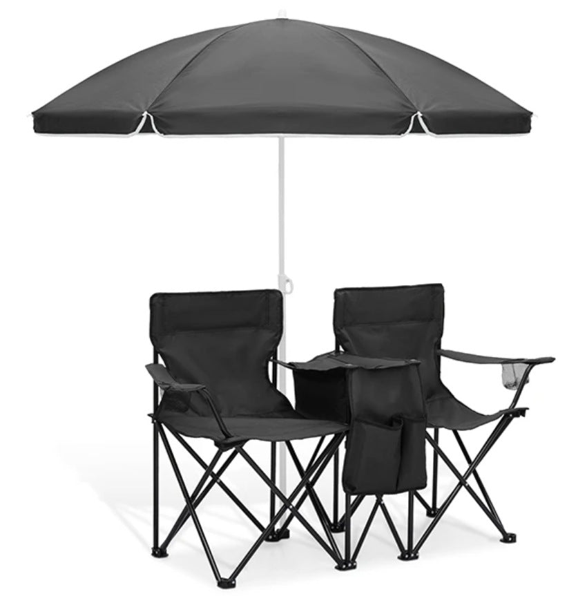 Double Camping Loveseat Chair with Umbrella - Folding Outdoor Beach Chair Set with Cooler & Side Table