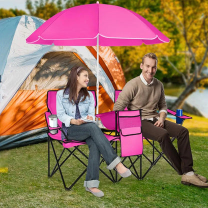 Double Camping Loveseat Chair with Umbrella - Folding Outdoor Beach Chair Set with Cooler & Side Table