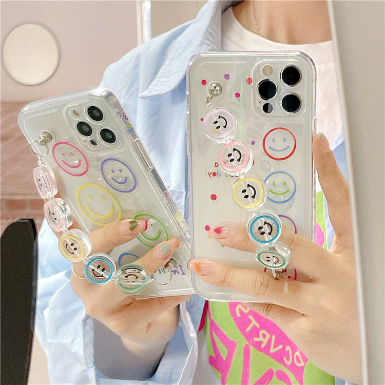 Transparent Colorful Smiley Face Phone Case with Bead Wrist Chain Bracelet for iPhone 16 15 14 13 Pro Max - Clear Soft Cover
