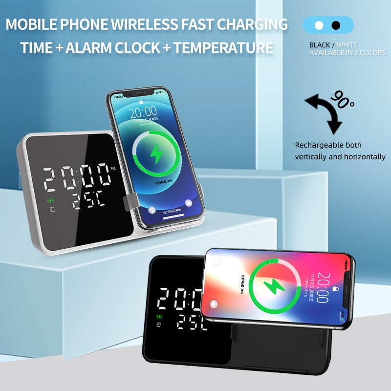 15W Fast Wireless Charger & Mobile Phone Stand - Digital Alarm Clock with Temperature Gauge