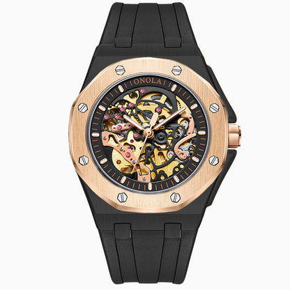 Fashionable Rose Gold Men's Watch - Premium Mechanical Timepiece with Silicone Strap