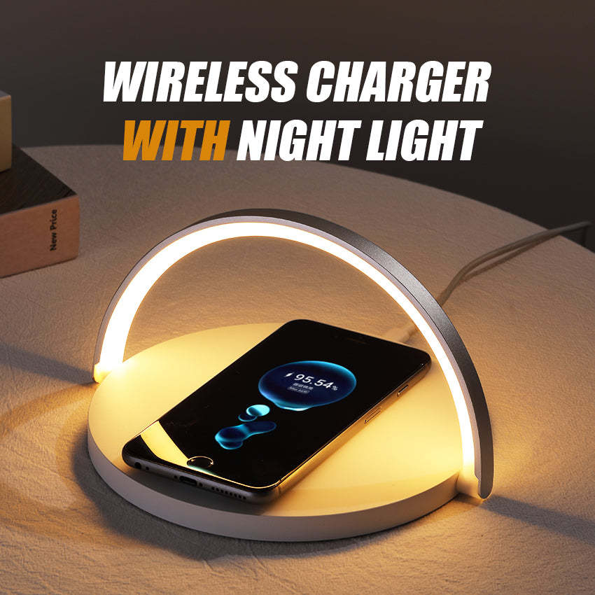 15W Fast Wireless Charger with Rainbow Night Light - Circular Wooden Desktop Phone Stand