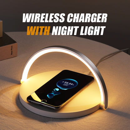 15W Fast Wireless Charger with Rainbow Night Light - Circular Wooden Desktop Phone Stand