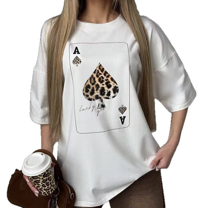Trendy Loose Round Neck Card Graphic Tee for Women