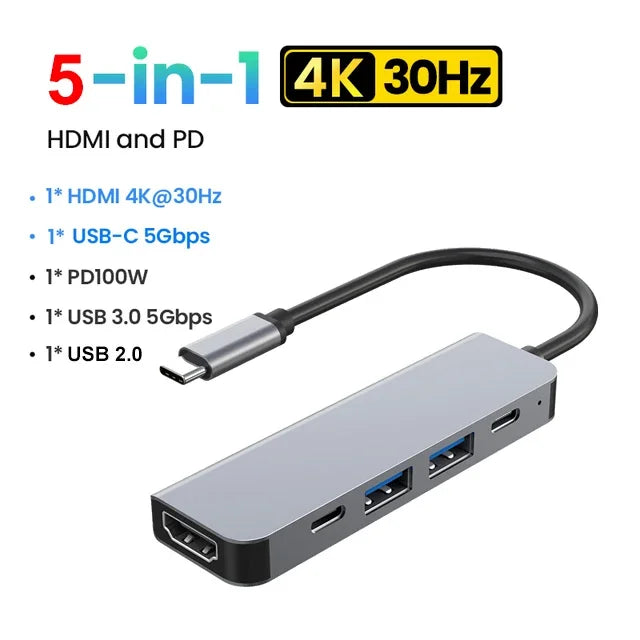 5-in-1 Type-C to HDMI Adapter & USB C Hub - 4K 30Hz PD 100W Docking Station for MacBook & iPad