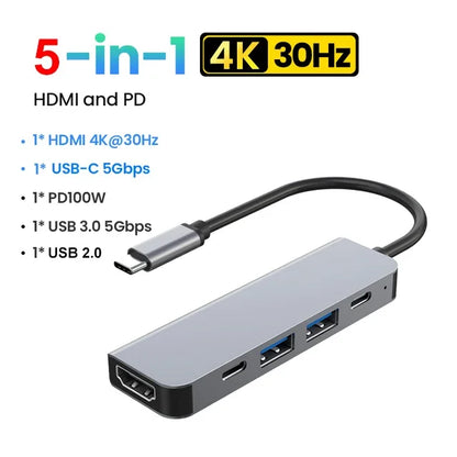 5-in-1 Type-C to HDMI Adapter & USB C Hub - 4K 30Hz PD 100W Docking Station for MacBook & iPad