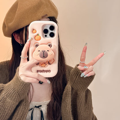 Cute 3D Capybara Stretchable Bracket Phone Case for iPhone 17 16 15 14 Pro Max - Soft Stand Cover