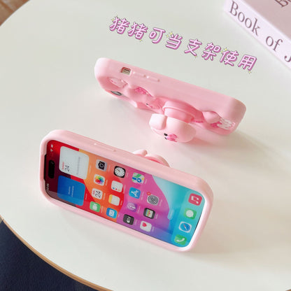 Kawaii Pink Piggy Soft Silicone Phone Case with Stand - Cute Protective Cover for iPhone 16 15 Pro Max