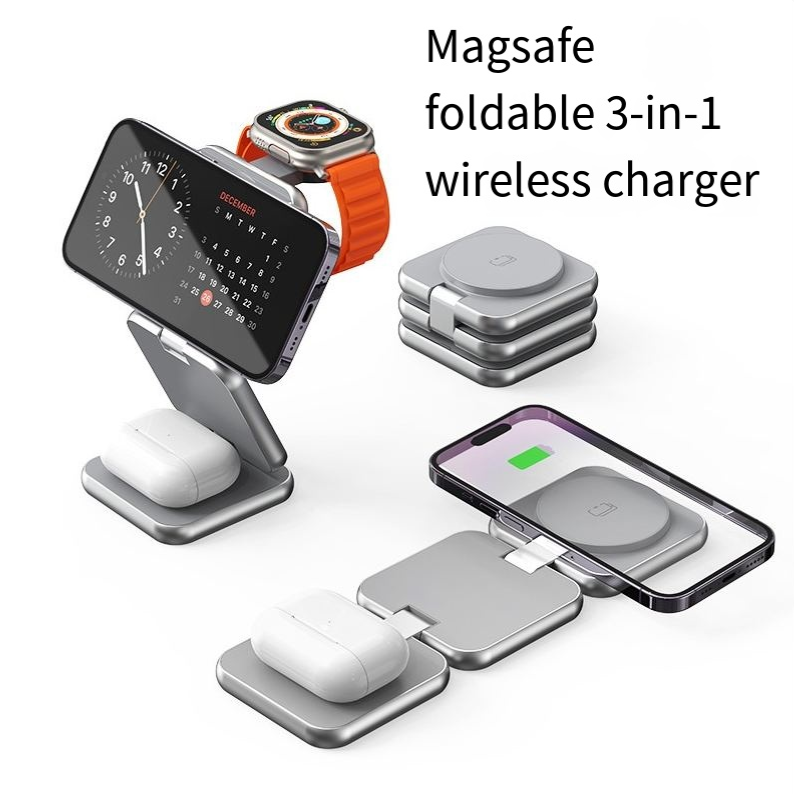 3-in-1 Foldable Magnetic Wireless Charger - Multi-Device Desktop Charging Stand for Smartphones