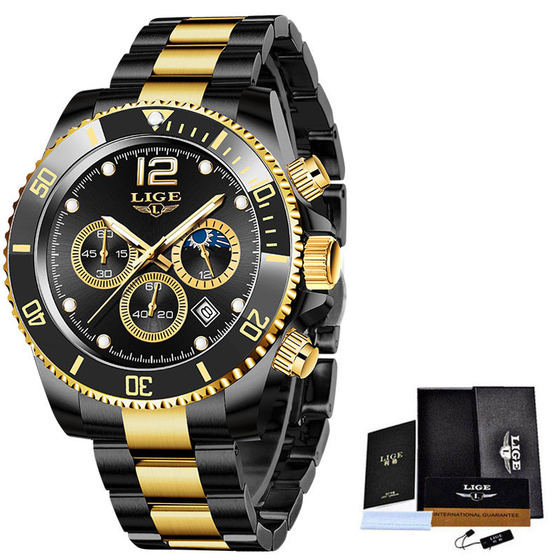 LIGE Luxury Men's Chronograph Quartz Watch - Waterproof Stainless Steel Sports Wristwatch