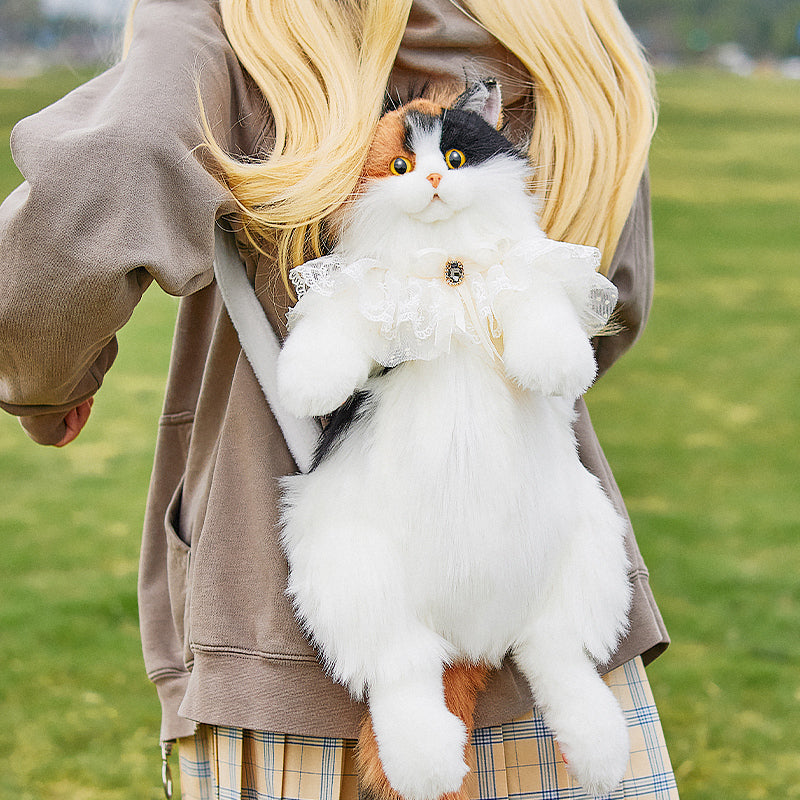 Unique Calico Cat Plush Backpack - Cute Functional Stuffed Animal Bag