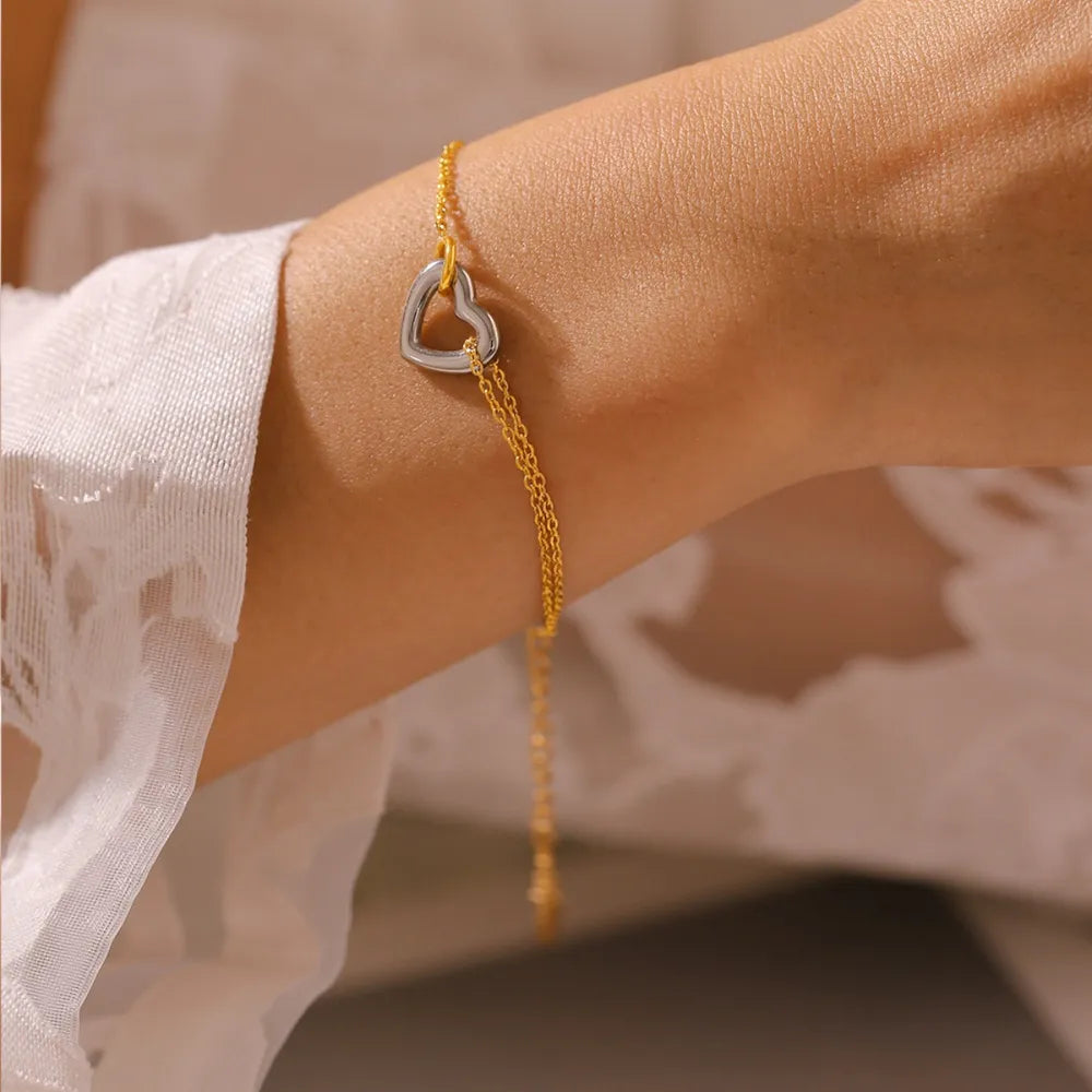 Elegant 18K Gold-Plated Two-Tone Heart Charm Bracelet for Women