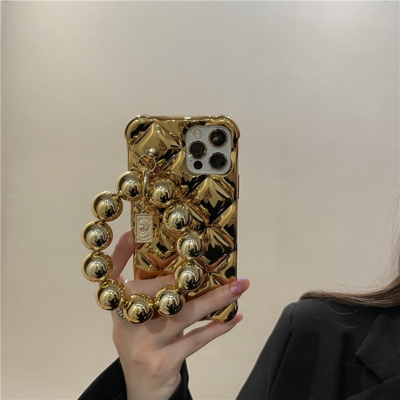 Luxury Plating Gold Diamond Phone Case with Bead Bracelet Chain for iPhone