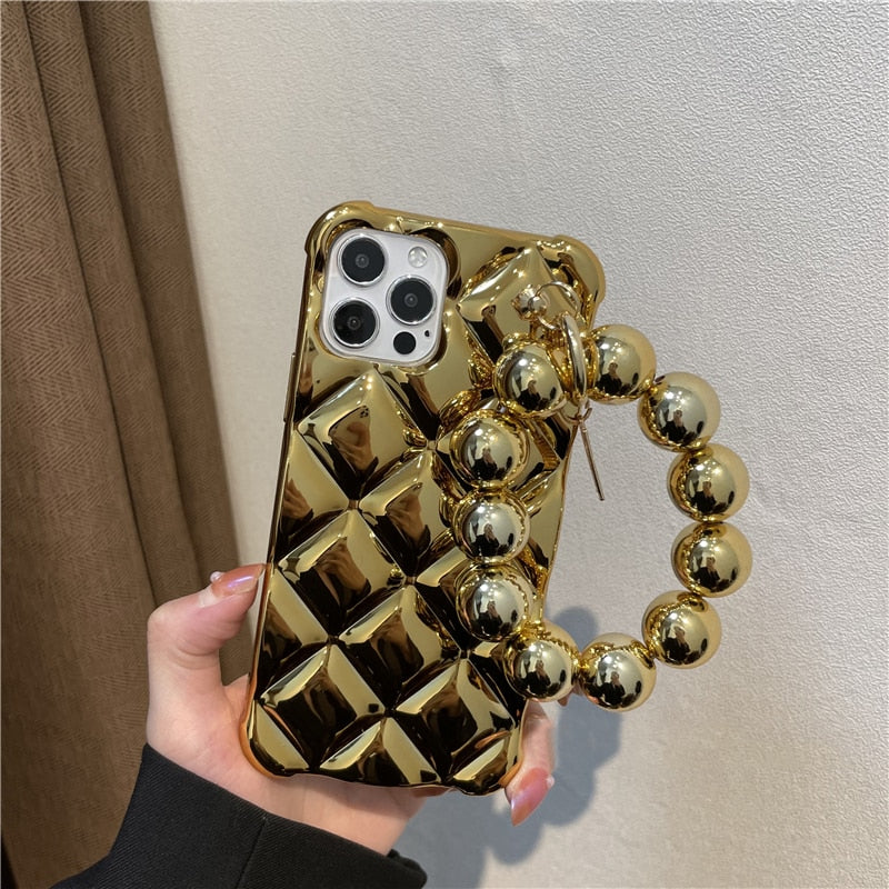 Luxury Plating Gold Diamond Phone Case with Bead Bracelet Chain for iPhone