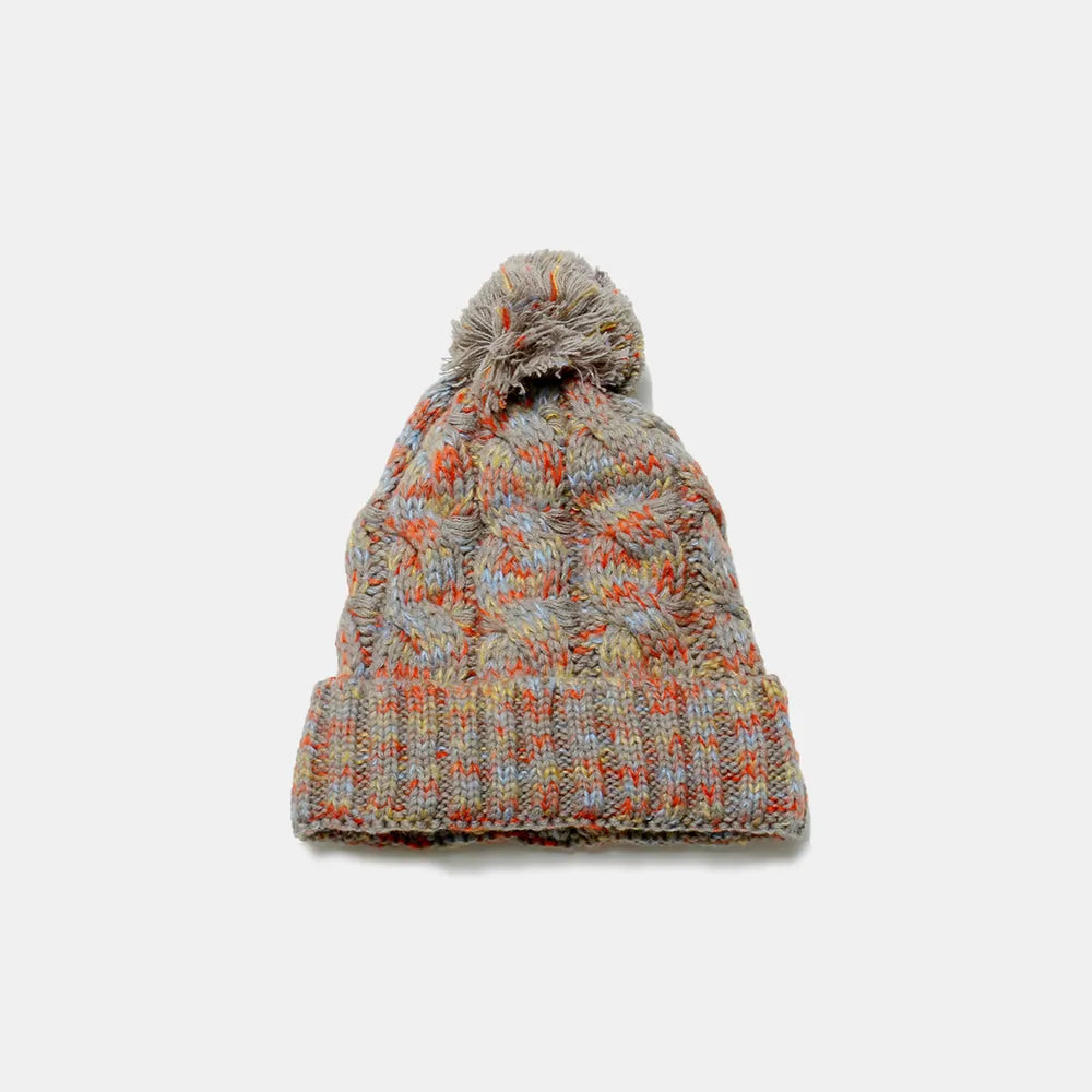 Chunky Knit Contrast Pompom Beanie Hat | Warm Winter Cable Knit Cap
