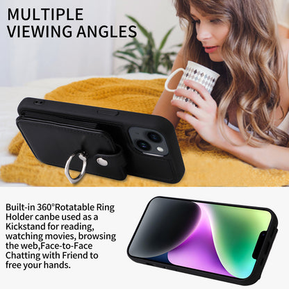 Multi Card Slot Leather Wallet Case with Metal Ring Stand - Shockproof Back Cover for iPhone