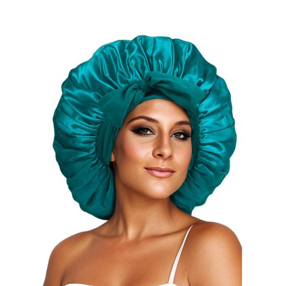 Wide-Brimmed Satin Bonnets with Elastic Ribbon Bow | Solid Color Hairdressing Sleep Cap