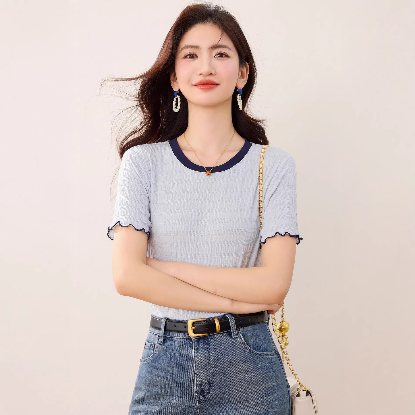 Women's Ruffled Color-Blocked Short Sleeve T-Shirt - Slim Fit Trendy Top