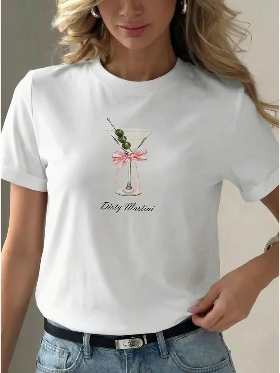 Dirty Martini" Cocktail Graphic Printed Loose Round Neck T-Shirt
