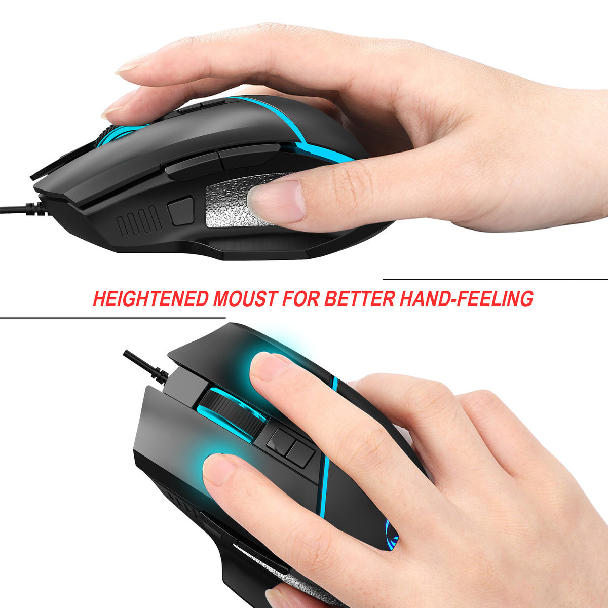 A876 Wired Gaming Mouse - 6400 DPI Adjustable RGB Lighting Optical Mouse with Turn-Off Feature