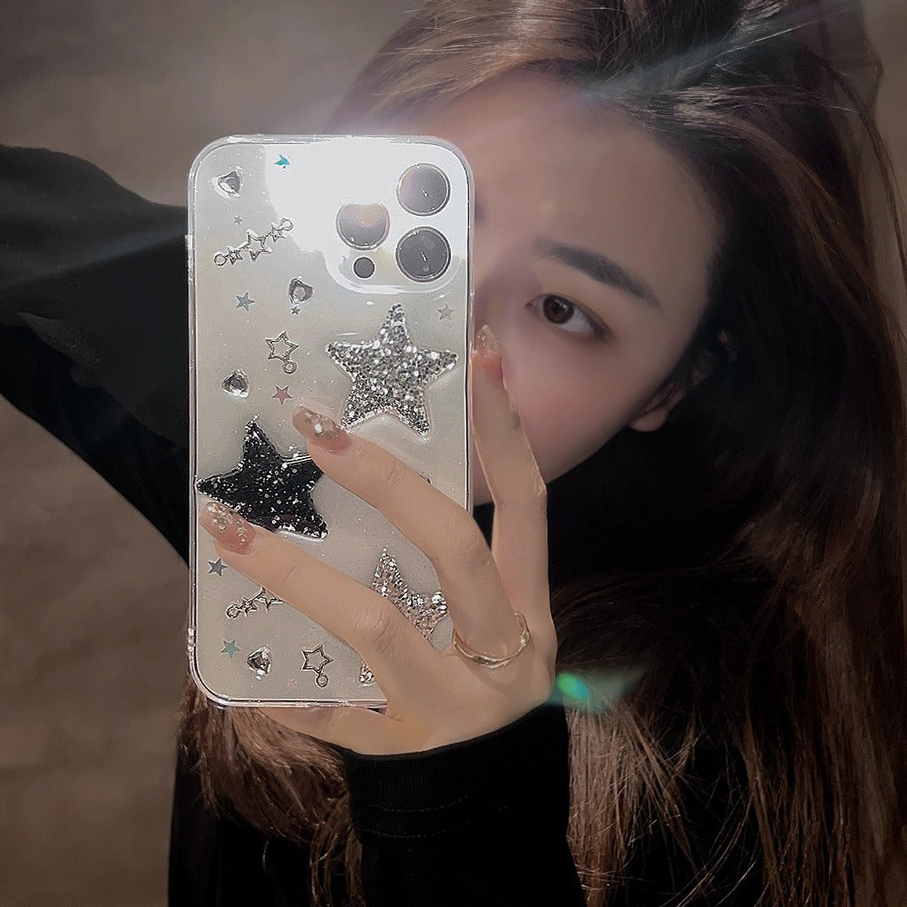 3D Glitter Star Resin Phone Case for iPhone 15 14 13 12 11 Pro Max - Y2K Spicy Girl Black Soft Cover