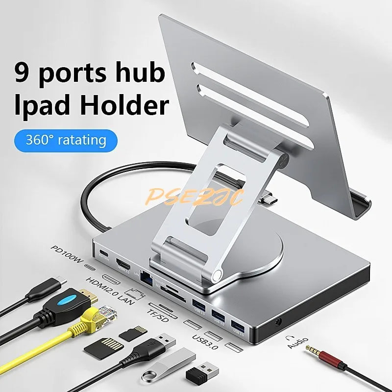 9-in-1 Type-C Docking Station - 4K/60Hz USB 3.0 Hub with Gigabit Ethernet & 360° Rotary iPad Holder Stand