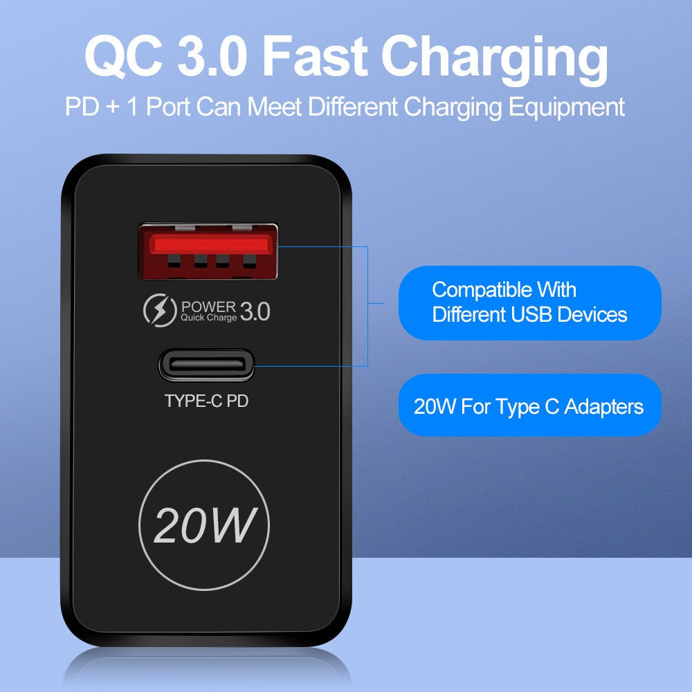 20W PD & QC3.0 Fast Wall Charger - Dual-Port Mobile Phone Charging Head Adapter
