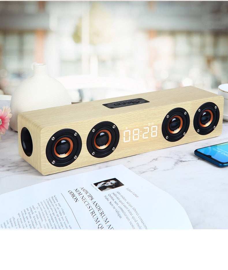 Wooden Bluetooth Soundbar Speaker - Portable Wireless Home Theater Subwoofer with Alarm Clock & FM Radio
