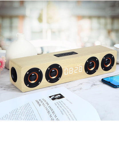 Wooden Bluetooth Soundbar Speaker - Portable Wireless Home Theater Subwoofer with Alarm Clock & FM Radio