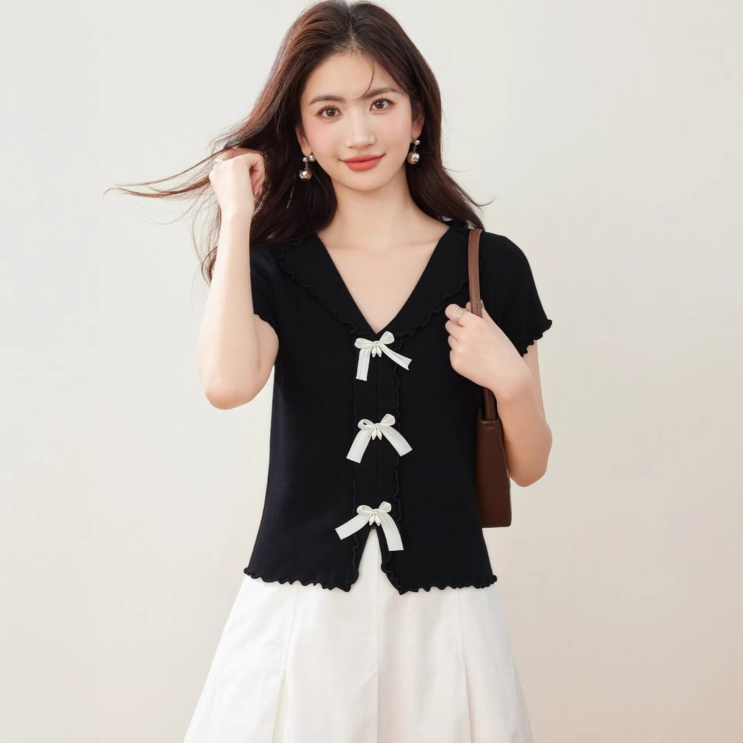 Sweet Butterfly Knot Knit Top - Elegant Ruffled Trim Summer Blouse for Women