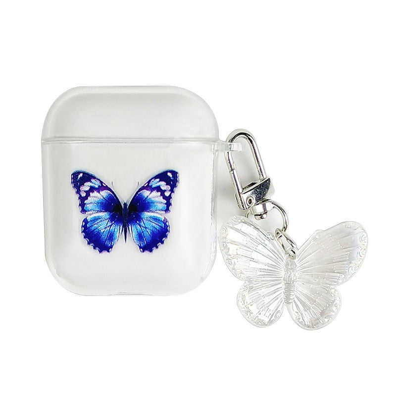 Painted Blue Butterfly Transparent Soft Case with Keychain Pendant for AirPods 1 / 2 / Pro / 3